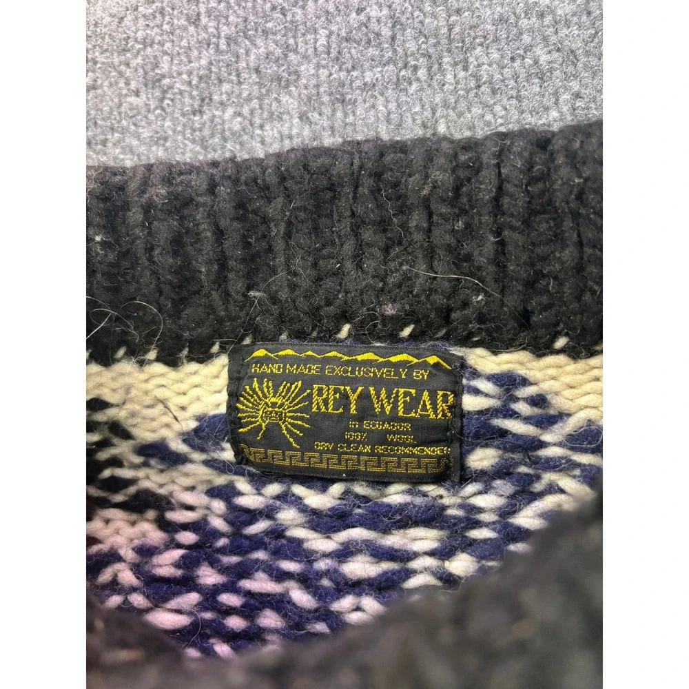 Rey Wear Wool Sweater Mens XL Cream Blue Hand Made Ecuador Geometric Knit 65440